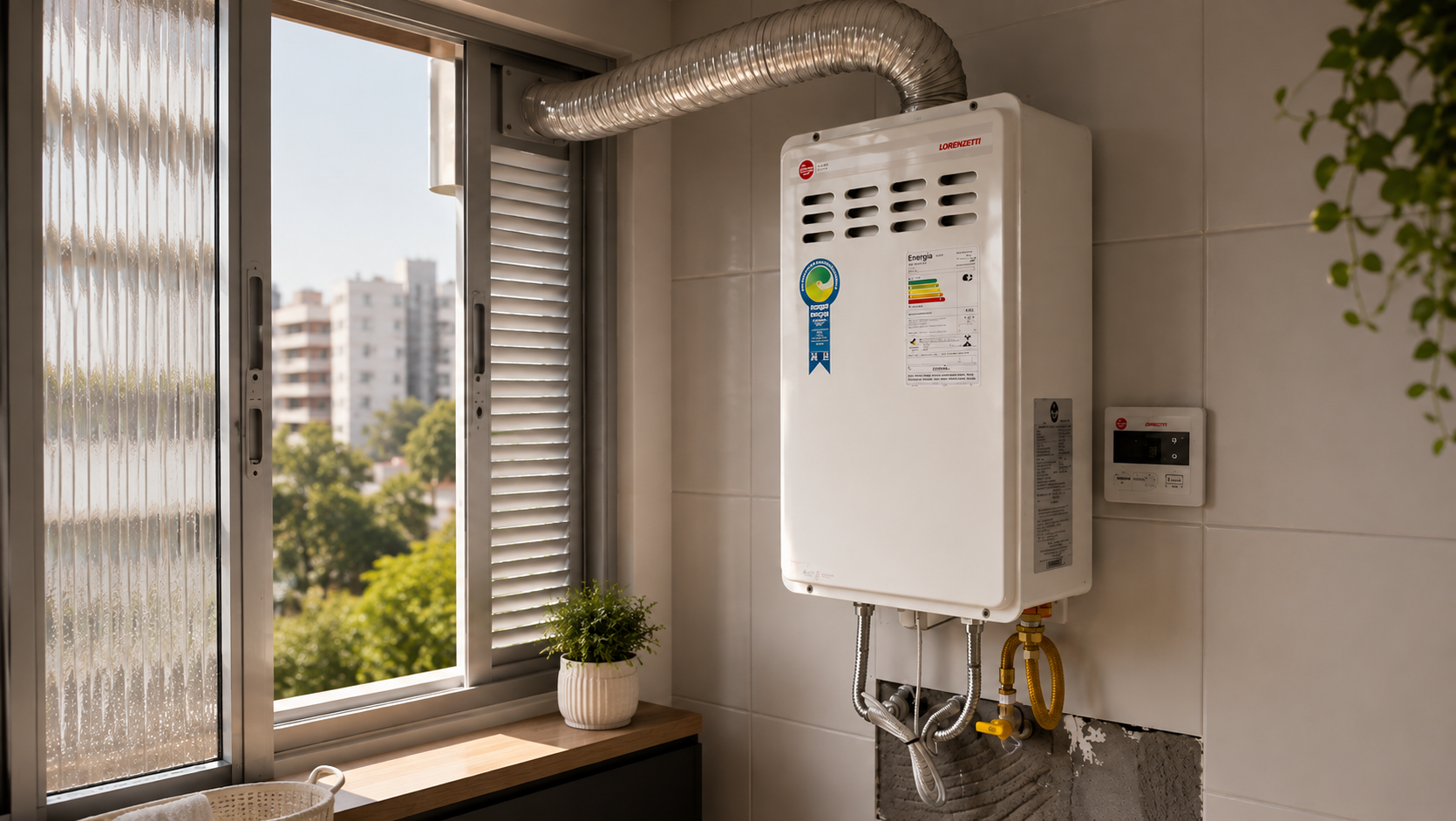 Aquecedor Lorenzetti instalado em ambiente residencial com ventilação adequada