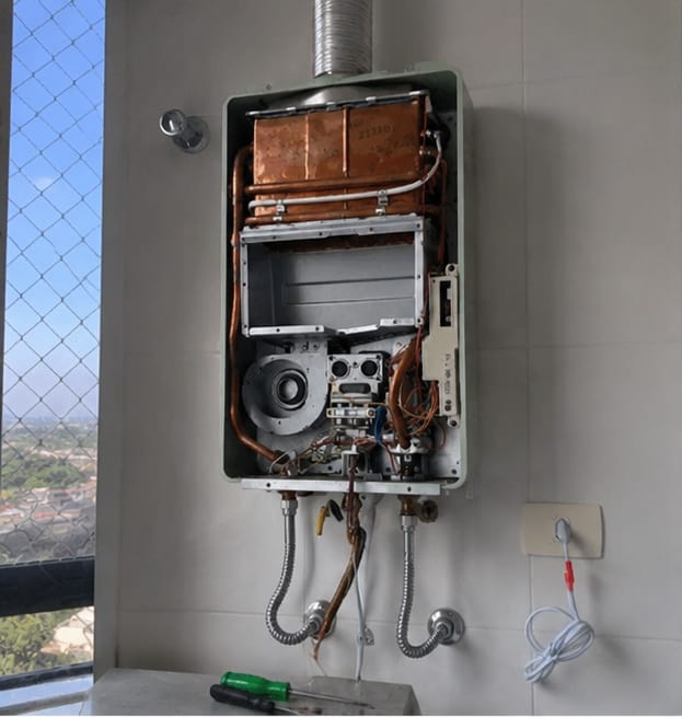 Aquecedor a gás aberto durante manutenção preventiva